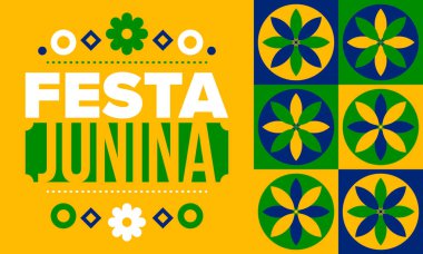 Brezilya 'daki Festa Junina. Brezilya festivali. İyi tatiller. Brezilya bayrağı. Karnaval ve geçit töreni. Yaz eğlencesi partisi. Vektör illüstrasyonu