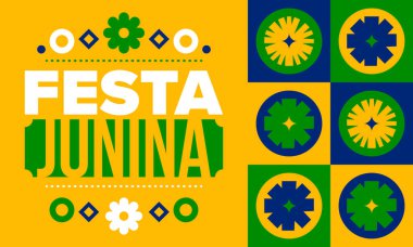 Brezilya 'daki Festa Junina. Brezilya festivali. İyi tatiller. Brezilya bayrağı. Karnaval ve geçit töreni. Yaz eğlencesi partisi. Vektör illüstrasyonu