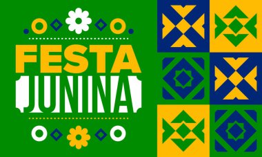 Brezilya 'daki Festa Junina. Brezilya festivali. İyi tatiller. Brezilya bayrağı. Karnaval ve geçit töreni. Yaz eğlencesi partisi. Vektör illüstrasyonu