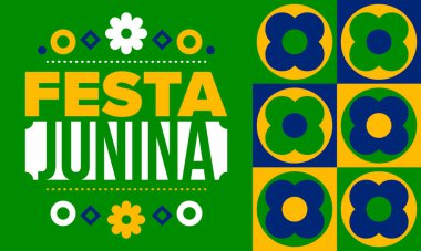 Brezilya 'daki Festa Junina. Brezilya festivali. İyi tatiller. Brezilya bayrağı. Karnaval ve geçit töreni. Yaz eğlencesi partisi. Vektör illüstrasyonu