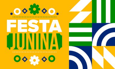 Brezilya 'daki Festa Junina. Brezilya festivali. İyi tatiller. Brezilya bayrağı. Karnaval ve geçit töreni. Yaz eğlencesi partisi. Vektör illüstrasyonu