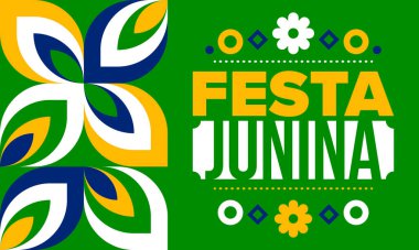 Brezilya 'daki Festa Junina. Brezilya festivali. İyi tatiller. Brezilya bayrağı. Karnaval ve geçit töreni. Yaz eğlencesi partisi. Vektör illüstrasyonu