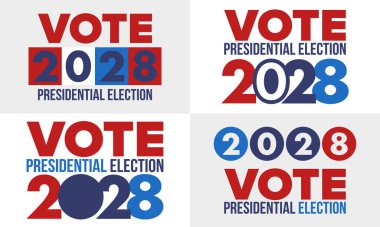 Oylar 2028 'e. Birleşik Devletler 'de 2028 Başkanlık Seçimi. Oylama günü, 7 Kasım. Amerikan Seçimleri. Vatansever Amerikan unsuru. Poster, kart, afiş ve geçmiş. Vektör illüstrasyonu