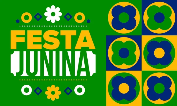 Brezilya 'daki Festa Junina. Brezilya festivali. İyi tatiller. Brezilya bayrağı. Karnaval ve geçit töreni. Yaz eğlencesi partisi. Vektör illüstrasyonu