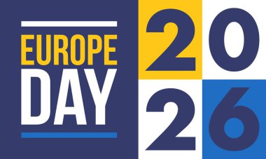 Avrupa Günü. Mayıs 'ta yıllık resmi tatil. Bu, Avrupa Konseyi 'nin 5 Mayıs, Avrupa Birliği' nin 9 Mayıs tarihli iki yıllık gözlemleme gününün adıdır. Poster, kart, afiş ve geçmiş. Vektör