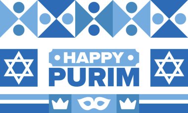 Purim. Purim 'in kutlu olsun. Geleneksel Yahudi dini bayramı. David 'in Yıldızı, Karnaval maskesi. İsrail tarihi. Bir maskeli balo ve festivalle kutlandı. Poster sanatı. Vektör illüstrasyonu