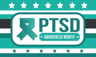 Haziran 'da TSSB Farkındalık Ayı. Travma Sonrası Stres Bozukluğu. Amerika 'da yıllık kutlama. Tıbbi sağlık ve farkındalık tasarımı. Poster, kart, afiş ve geçmiş. Vektör illüstrasyonu