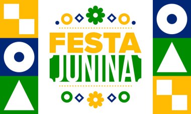 Brezilya 'daki Festa Junina. Brezilya festivali. İyi tatiller. Brezilya bayrağı. Karnaval ve geçit töreni. Yaz eğlencesi partisi. Vektör illüstrasyonu