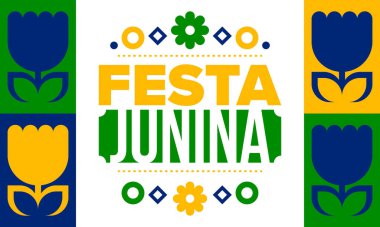 Brezilya 'daki Festa Junina. Brezilya festivali. İyi tatiller. Brezilya bayrağı. Karnaval ve geçit töreni. Yaz eğlencesi partisi. Vektör illüstrasyonu