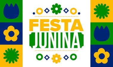 Brezilya 'daki Festa Junina. Brezilya festivali. İyi tatiller. Brezilya bayrağı. Karnaval ve geçit töreni. Yaz eğlencesi partisi. Vektör illüstrasyonu