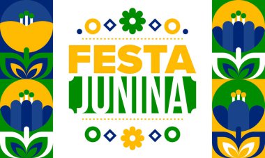 Brezilya 'daki Festa Junina. Brezilya festivali. İyi tatiller. Brezilya bayrağı. Karnaval ve geçit töreni. Yaz eğlencesi partisi. Vektör illüstrasyonu