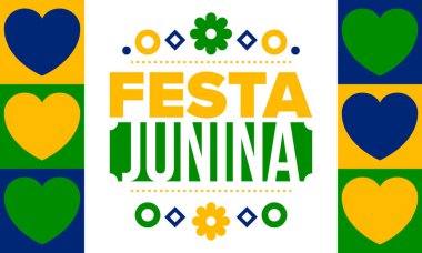 Brezilya 'daki Festa Junina. Brezilya festivali. İyi tatiller. Brezilya bayrağı. Karnaval ve geçit töreni. Yaz eğlencesi partisi. Vektör illüstrasyonu