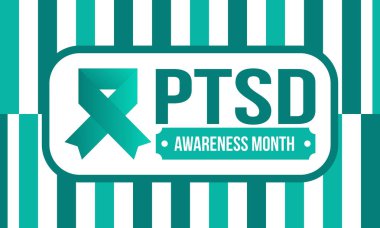 Haziran 'da TSSB Farkındalık Ayı. Travma Sonrası Stres Bozukluğu. Amerika 'da yıllık kutlama. Tıbbi sağlık ve farkındalık tasarımı. Poster, kart, afiş ve geçmiş. Vektör illüstrasyonu