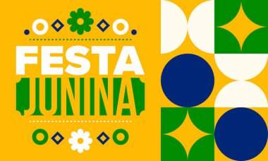 Brezilya 'daki Festa Junina. Brezilya festivali. İyi tatiller. Brezilya bayrağı. Karnaval ve geçit töreni. Yaz eğlencesi partisi. Vektör illüstrasyonu