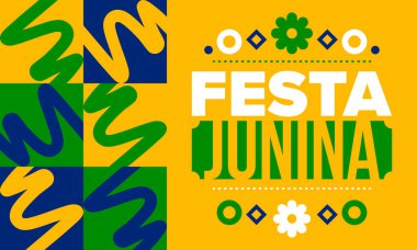 Brezilya 'daki Festa Junina. Brezilya festivali. İyi tatiller. Brezilya bayrağı. Karnaval ve geçit töreni. Yaz eğlencesi partisi. Vektör illüstrasyonu