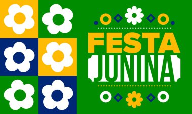 Brezilya 'daki Festa Junina. Brezilya festivali. İyi tatiller. Brezilya bayrağı. Karnaval ve geçit töreni. Yaz eğlencesi partisi. Vektör illüstrasyonu