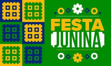 Brezilya 'daki Festa Junina. Brezilya festivali. İyi tatiller. Brezilya bayrağı. Karnaval ve geçit töreni. Yaz eğlencesi partisi. Vektör illüstrasyonu