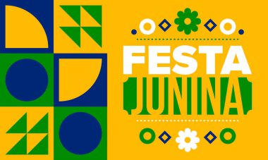 Brezilya 'daki Festa Junina. Brezilya festivali. İyi tatiller. Brezilya bayrağı. Karnaval ve geçit töreni. Yaz eğlencesi partisi. Vektör illüstrasyonu