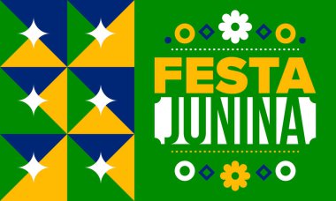 Brezilya 'daki Festa Junina. Brezilya festivali. İyi tatiller. Brezilya bayrağı. Karnaval ve geçit töreni. Yaz eğlencesi partisi. Vektör illüstrasyonu