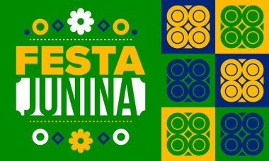 Brezilya 'daki Festa Junina. Brezilya festivali. İyi tatiller. Brezilya bayrağı. Karnaval ve geçit töreni. Yaz eğlencesi partisi. Vektör illüstrasyonu