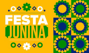 Brezilya 'daki Festa Junina. Brezilya festivali. İyi tatiller. Brezilya bayrağı. Karnaval ve geçit töreni. Yaz eğlencesi partisi. Vektör illüstrasyonu