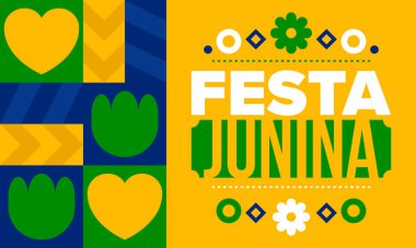 Brezilya 'daki Festa Junina. Brezilya festivali. İyi tatiller. Brezilya bayrağı. Karnaval ve geçit töreni. Yaz eğlencesi partisi. Vektör illüstrasyonu