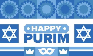 Purim. Purim 'in kutlu olsun. Geleneksel Yahudi dini bayramı. David 'in Yıldızı, Karnaval maskesi. İsrail tarihi. Bir maskeli balo ve festivalle kutlandı. Poster sanatı. Vektör illüstrasyonu