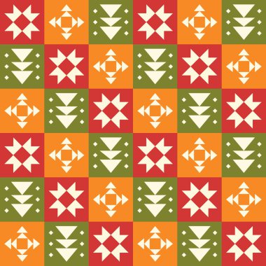 Geleneksel Geometrik Kabile Motifleri ve Sıcak Toprak Tonları ile Etnik Halk Düzeni Arkaplanı. İllüstrasyon sanatı. Vektör