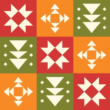 Geleneksel Geometrik Kabile Motifleri ve Sıcak Toprak Tonları ile Etnik Halk Düzeni Arkaplanı. İllüstrasyon sanatı. Vektör