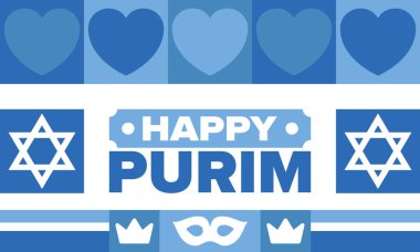 Purim. Purim 'in kutlu olsun. Geleneksel Yahudi dini bayramı. David 'in Yıldızı, Karnaval maskesi. İsrail tarihi. Bir maskeli balo ve festivalle kutlandı. Poster sanatı. Vektör illüstrasyonu