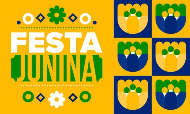 Brezilya 'daki Festa Junina. Brezilya festivali. İyi tatiller. Brezilya bayrağı. Karnaval ve geçit töreni. Yaz eğlencesi partisi. Vektör illüstrasyonu