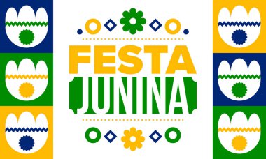 Brezilya 'daki Festa Junina. Brezilya festivali. İyi tatiller. Brezilya bayrağı. Karnaval ve geçit töreni. Yaz eğlencesi partisi. Vektör illüstrasyonu