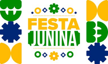 Brezilya 'daki Festa Junina. Brezilya festivali. İyi tatiller. Brezilya bayrağı. Karnaval ve geçit töreni. Yaz eğlencesi partisi. Vektör illüstrasyonu