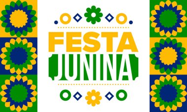 Brezilya 'daki Festa Junina. Brezilya festivali. İyi tatiller. Brezilya bayrağı. Karnaval ve geçit töreni. Yaz eğlencesi partisi. Vektör illüstrasyonu