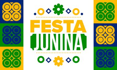 Brezilya 'daki Festa Junina. Brezilya festivali. İyi tatiller. Brezilya bayrağı. Karnaval ve geçit töreni. Yaz eğlencesi partisi. Vektör illüstrasyonu