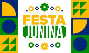 Brezilya 'daki Festa Junina. Brezilya festivali. İyi tatiller. Brezilya bayrağı. Karnaval ve geçit töreni. Yaz eğlencesi partisi. Vektör illüstrasyonu