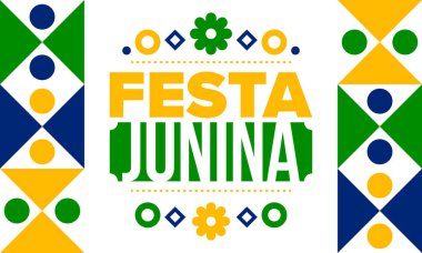 Brezilya 'daki Festa Junina. Brezilya festivali. İyi tatiller. Brezilya bayrağı. Karnaval ve geçit töreni. Yaz eğlencesi partisi. Vektör illüstrasyonu