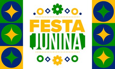 Brezilya 'daki Festa Junina. Brezilya festivali. İyi tatiller. Brezilya bayrağı. Karnaval ve geçit töreni. Yaz eğlencesi partisi. Vektör illüstrasyonu