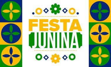 Brezilya 'daki Festa Junina. Brezilya festivali. İyi tatiller. Brezilya bayrağı. Karnaval ve geçit töreni. Yaz eğlencesi partisi. Vektör illüstrasyonu