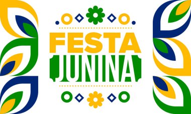 Brezilya 'daki Festa Junina. Brezilya festivali. İyi tatiller. Brezilya bayrağı. Karnaval ve geçit töreni. Yaz eğlencesi partisi. Vektör illüstrasyonu