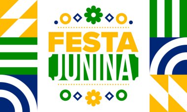 Brezilya 'daki Festa Junina. Brezilya festivali. İyi tatiller. Brezilya bayrağı. Karnaval ve geçit töreni. Yaz eğlencesi partisi. Vektör illüstrasyonu