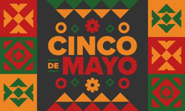 Meksika 'da Cinco de Mayo. Mayıs ayındaki geleneksel Meksika şenliği. Karnaval, festival ve geçit töreniyle ulusal mutlu bayramlar. Latin Amerika ve İspanyol tarzı. Sombrero ile illüstrasyon. Vektör posteri