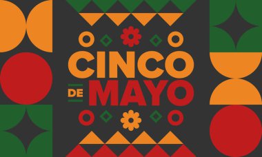 Meksika 'da Cinco de Mayo. Mayıs ayındaki geleneksel Meksika şenliği. Karnaval, festival ve geçit töreniyle ulusal mutlu bayramlar. Latin Amerika ve İspanyol tarzı. Sombrero ile illüstrasyon. Vektör posteri