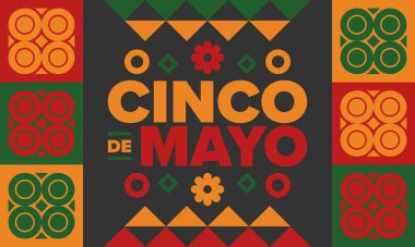 Meksika 'da Cinco de Mayo. Mayıs ayındaki geleneksel Meksika şenliği. Karnaval, festival ve geçit töreniyle ulusal mutlu bayramlar. Latin Amerika ve İspanyol tarzı. Sombrero ile illüstrasyon. Vektör posteri