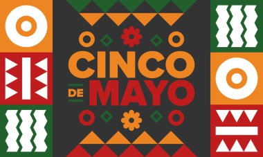 Meksika 'da Cinco de Mayo. Mayıs ayındaki geleneksel Meksika şenliği. Karnaval, festival ve geçit töreniyle ulusal mutlu bayramlar. Latin Amerika ve İspanyol tarzı. Sombrero ile illüstrasyon. Vektör posteri