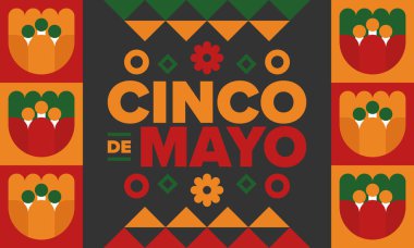 Meksika 'da Cinco de Mayo. Mayıs ayındaki geleneksel Meksika şenliği. Karnaval, festival ve geçit töreniyle ulusal mutlu bayramlar. Latin Amerika ve İspanyol tarzı. Sombrero ile illüstrasyon. Vektör posteri