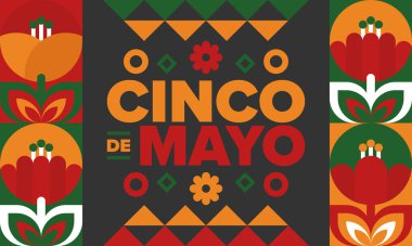 Meksika 'da Cinco de Mayo. Mayıs ayındaki geleneksel Meksika şenliği. Karnaval, festival ve geçit töreniyle ulusal mutlu bayramlar. Latin Amerika ve İspanyol tarzı. Sombrero ile illüstrasyon. Vektör posteri