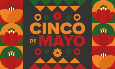 Meksika 'da Cinco de Mayo. Mayıs ayındaki geleneksel Meksika şenliği. Karnaval, festival ve geçit töreniyle ulusal mutlu bayramlar. Latin Amerika ve İspanyol tarzı. Sombrero ile illüstrasyon. Vektör posteri