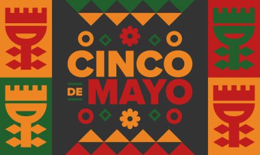 Meksika 'da Cinco de Mayo. Mayıs ayındaki geleneksel Meksika şenliği. Karnaval, festival ve geçit töreniyle ulusal mutlu bayramlar. Latin Amerika ve İspanyol tarzı. Sombrero ile illüstrasyon. Vektör posteri