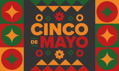 Meksika 'da Cinco de Mayo. Mayıs ayındaki geleneksel Meksika şenliği. Karnaval, festival ve geçit töreniyle ulusal mutlu bayramlar. Latin Amerika ve İspanyol tarzı. Sombrero ile illüstrasyon. Vektör posteri